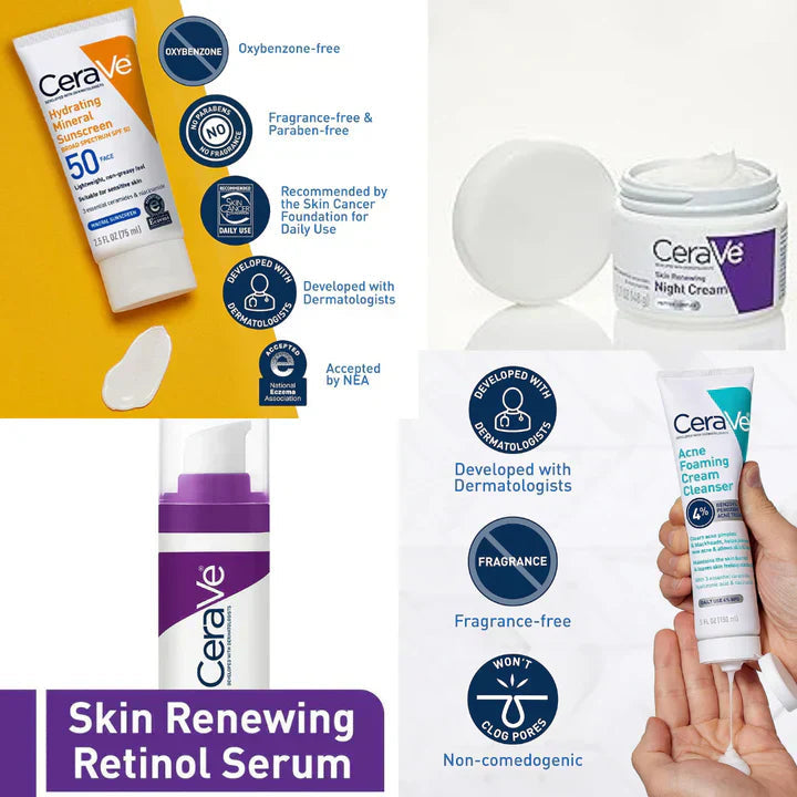 Cerave 4-in-1 Skincare Bundle: Night Cream, Sunblock, Cleanser & Serum For Radiant Skin Free Shipping